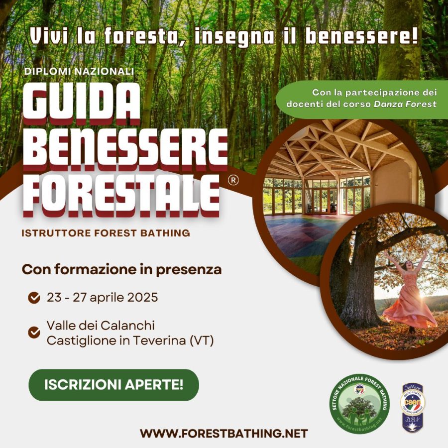 Corso Guida Benessere Forestale, formazione residenziale immersiva a Viterbo, Lazio, dal 23 al 27 aprile 2025.