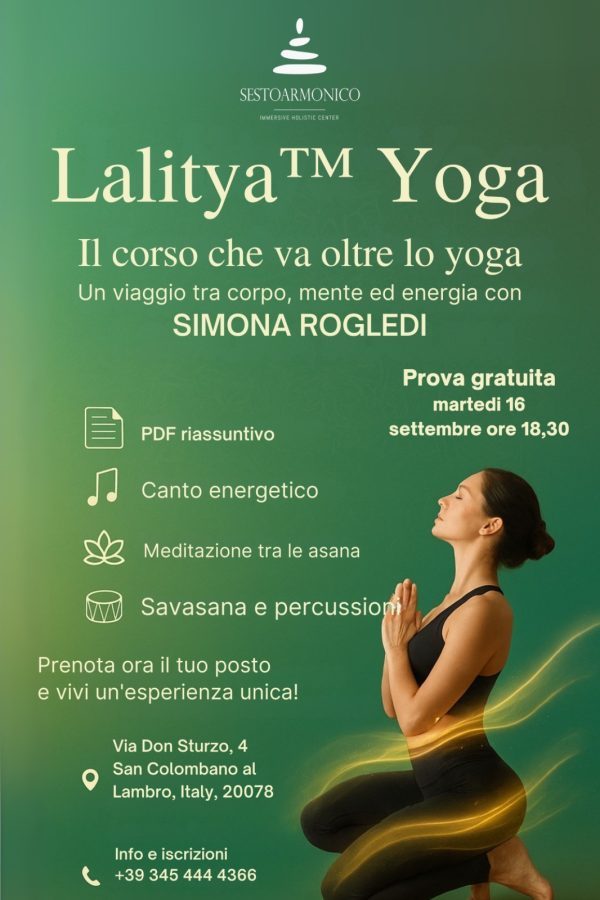 Corso di Lalitya Yoga, esperienza olistica che unisce corpo, mente e vibrazione a San Colombano al Lambro (MI).