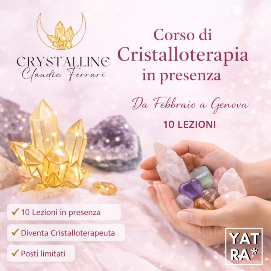 Locandina del corso di cristalloterapia a Genova con cristalli colorati e informazioni sul percorso formativo