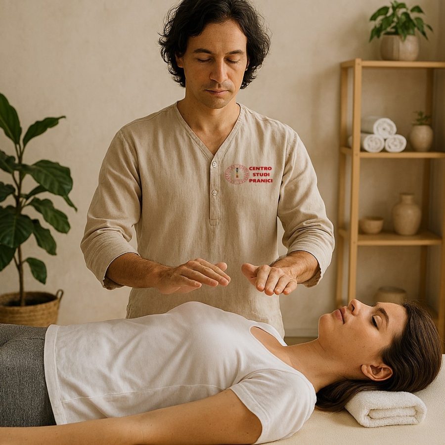 Operatore pranico durante sessione di pranoterapia con energie sottili