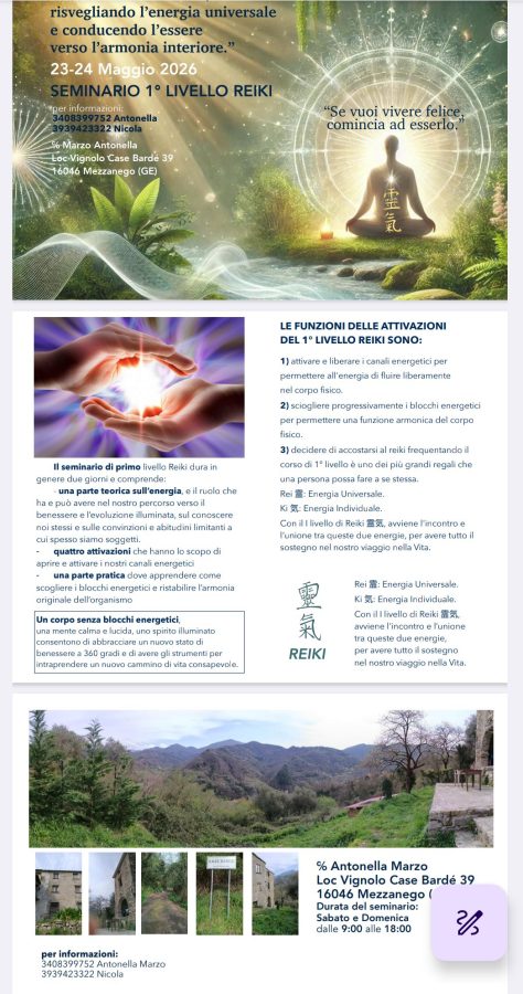 Corso Reiki I livello in un ritiro rustico a Mezzanego