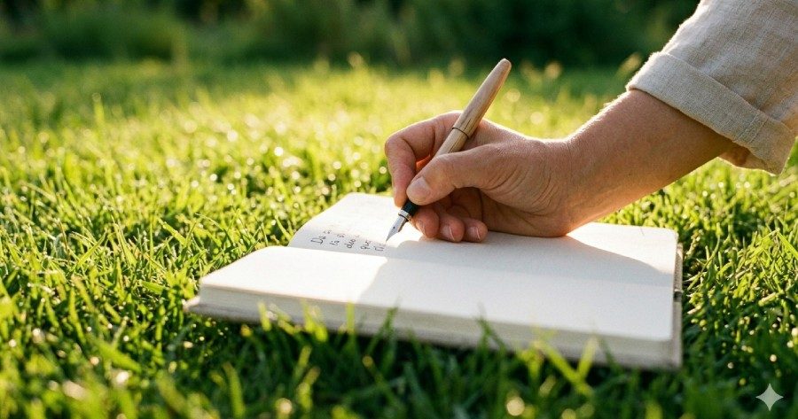Mano che scrive un diario in natura