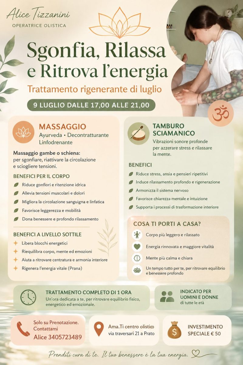 Evento di benessere a Vaiano con trattamenti individuali per il riequilibrio energetico