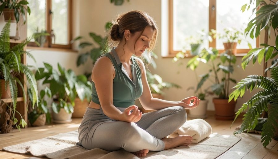 Donna che ascolta il proprio corpo in un momento di quiete, simbolo di naturopatia emozionale