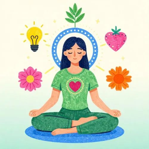 Illustrazione di una donna che medita in posizione del loto, circondata da fiori, foglie, un cuore e una lampadina